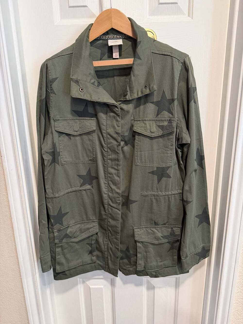 Knox Rose Women’s Large Olive Green Star Print Utility Jacket Military Field